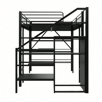 Hochbett 140*200cm, dreilagiges Ablageregal, Schreibtisch, Kleiderschrank, Sicherheitsstufen mit Ablagefach, hohes Zaundesign, Eisenbett, Einzelbett, Weiß