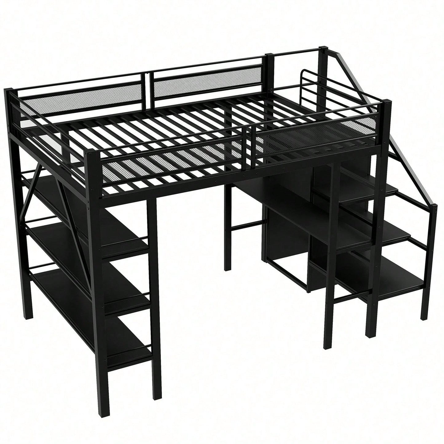 Hochbett 140*200cm, dreilagiges Ablageregal, Schreibtisch, Kleiderschrank, Sicherheitsstufen mit Ablagefach, hohes Zaundesign, Eisenbett, Einzelbett, Weiß