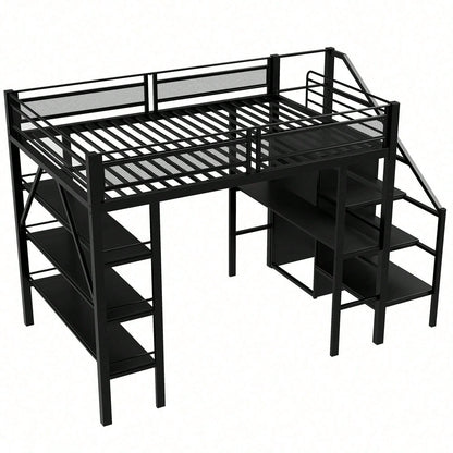 Hochbett 140*200cm, dreilagiges Ablageregal, Schreibtisch, Kleiderschrank, Sicherheitsstufen mit Ablagefach, hohes Zaundesign, Eisenbett, Einzelbett, Weiß