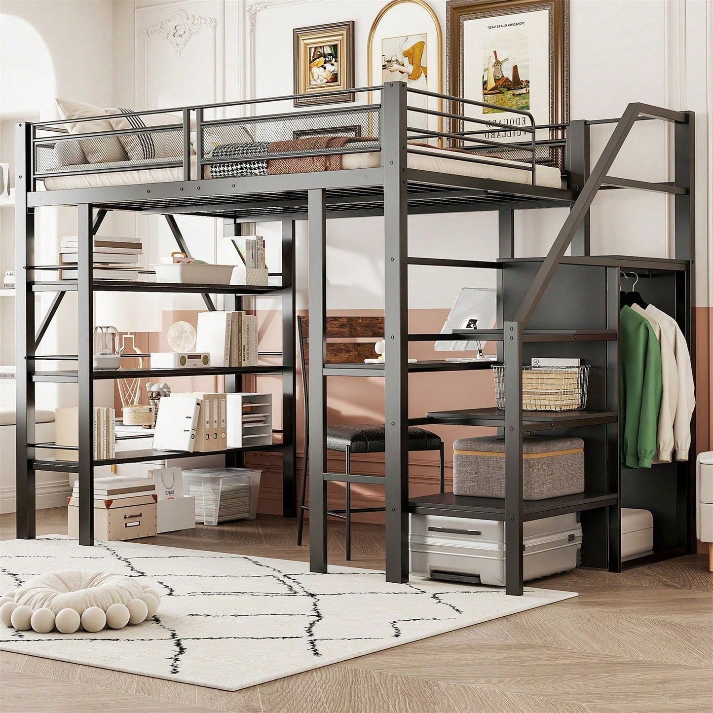 Hochbett 140*200cm, dreilagiges Ablageregal, Schreibtisch, Kleiderschrank, Sicherheitsstufen mit Ablagefach, hohes Zaundesign, Eisenbett, Einzelbett, Weiß