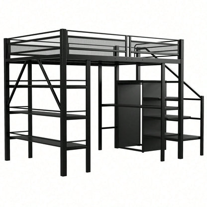 Hochbett 140*200cm, dreilagiges Ablageregal, Schreibtisch, Kleiderschrank, Sicherheitsstufen mit Ablagefach, hohes Zaundesign, Eisenbett, Einzelbett, Weiß
