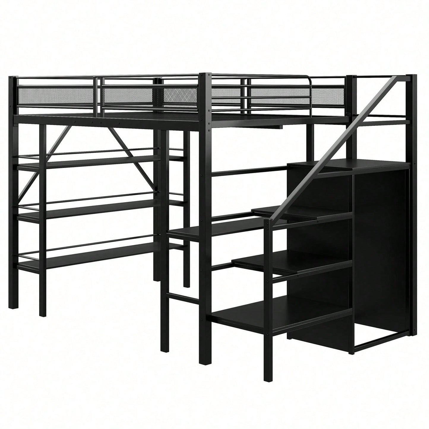 Hochbett 140*200cm, dreilagiges Ablageregal, Schreibtisch, Kleiderschrank, Sicherheitsstufen mit Ablagefach, hohes Zaundesign, Eisenbett, Einzelbett, Weiß