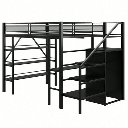 Hochbett 140*200cm, dreilagiges Ablageregal, Schreibtisch, Kleiderschrank, Sicherheitsstufen mit Ablagefach, hohes Zaundesign, Eisenbett, Einzelbett, Weiß