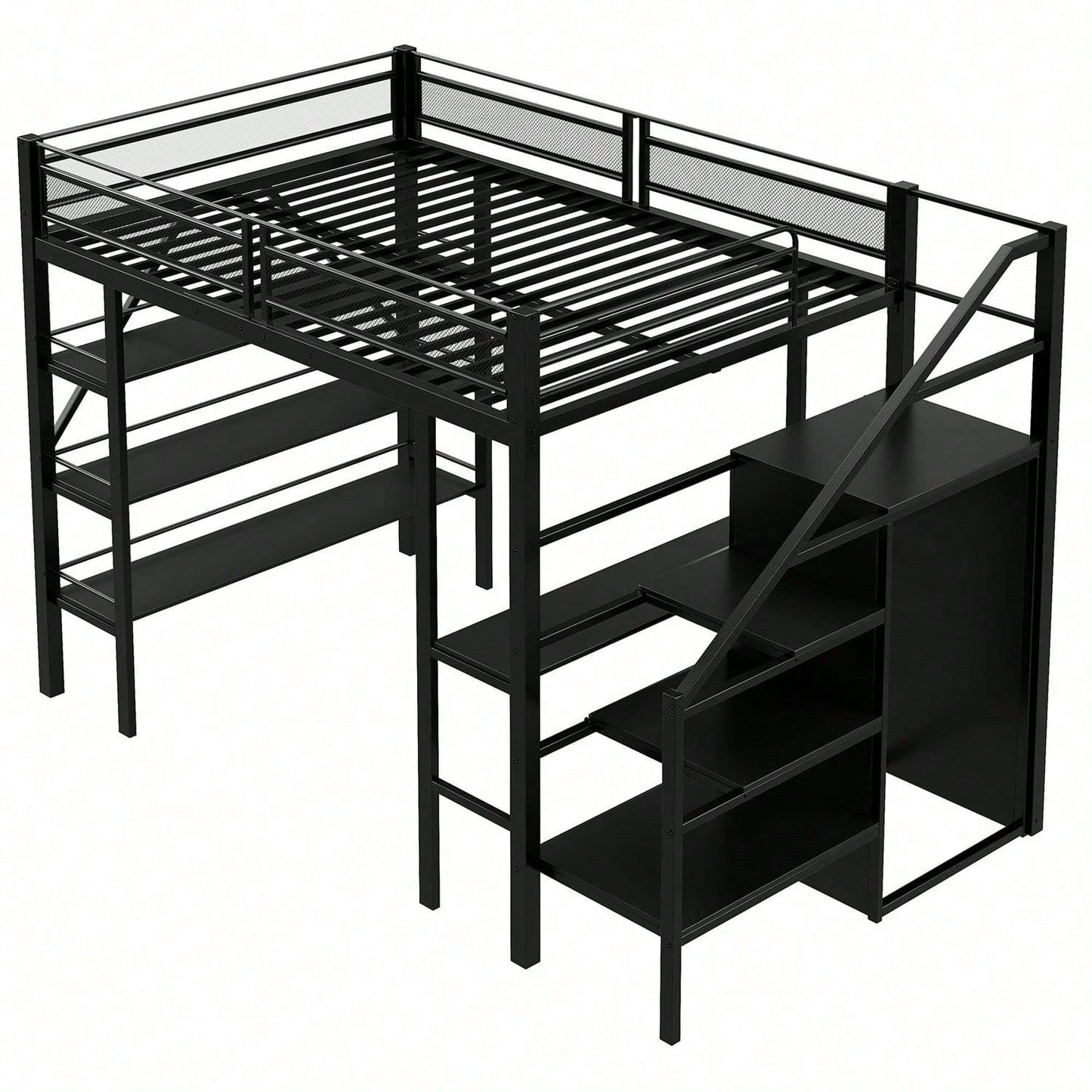 Hochbett 140*200cm, dreilagiges Ablageregal, Schreibtisch, Kleiderschrank, Sicherheitsstufen mit Ablagefach, hohes Zaundesign, Eisenbett, Einzelbett, Weiß