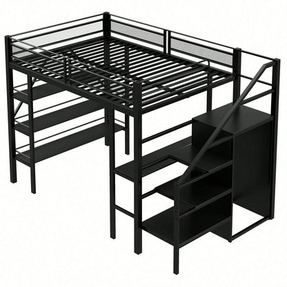 Hochbett 140*200cm, dreilagiges Ablageregal, Schreibtisch, Kleiderschrank, Sicherheitsstufen mit Ablagefach, hohes Zaundesign, Eisenbett, Einzelbett, Weiß