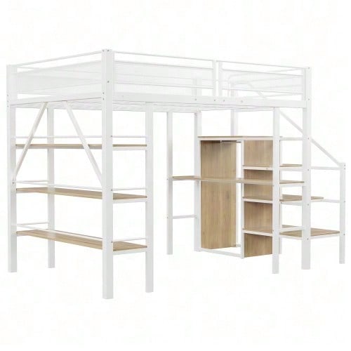 Hochbett 140*200cm, dreilagiges Ablageregal, Schreibtisch, Kleiderschrank, Sicherheitsstufen mit Ablagefach, hohes Zaundesign, Eisenbett, Einzelbett, Weiß