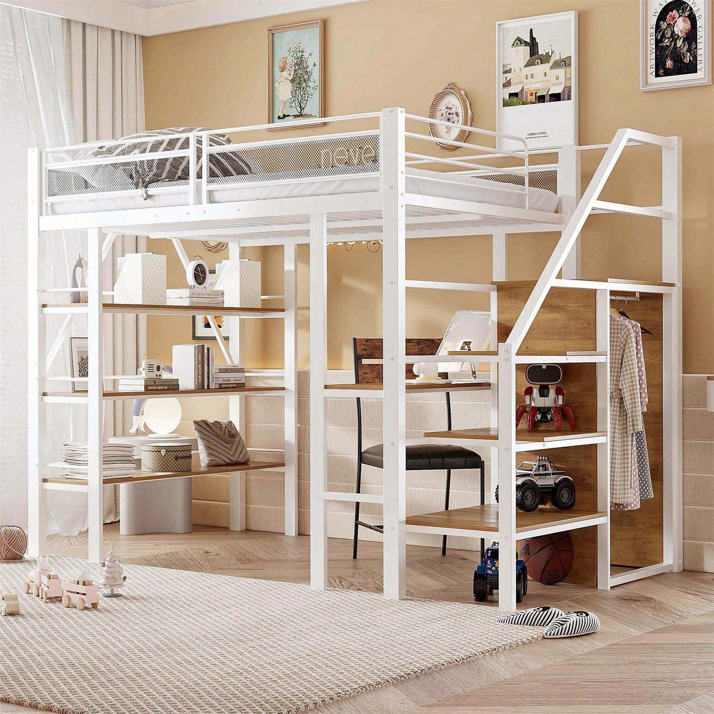 Hochbett 140*200cm, dreilagiges Ablageregal, Schreibtisch, Kleiderschrank, Sicherheitsstufen mit Ablagefach, hohes Zaundesign, Eisenbett, Einzelbett, Weiß