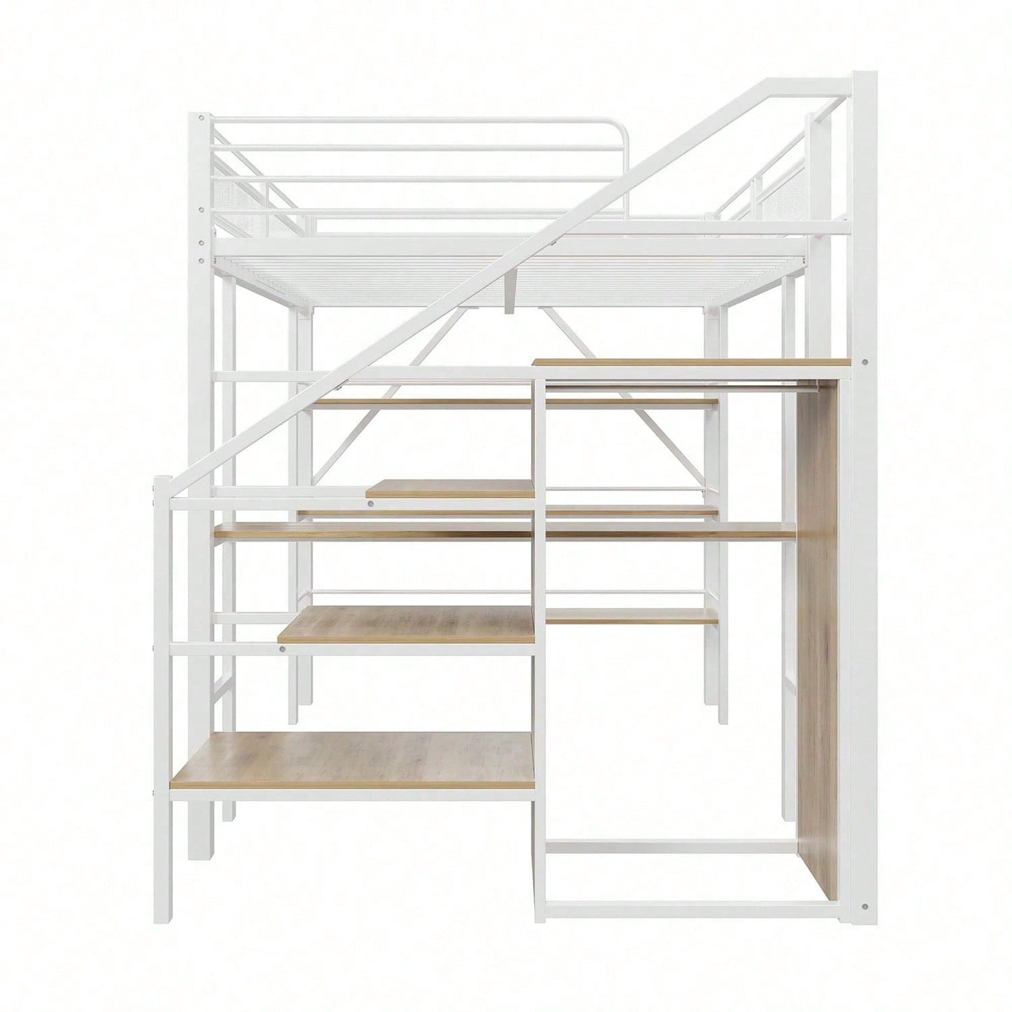 Hochbett 140*200cm, dreilagiges Ablageregal, Schreibtisch, Kleiderschrank, Sicherheitsstufen mit Ablagefach, hohes Zaundesign, Eisenbett, Einzelbett, Weiß