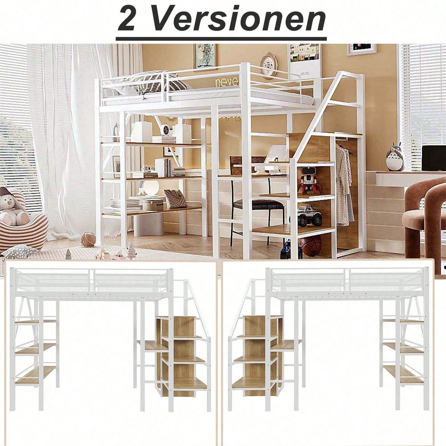 Hochbett 140*200cm, dreilagiges Ablageregal, Schreibtisch, Kleiderschrank, Sicherheitsstufen mit Ablagefach, hohes Zaundesign, Eisenbett, Einzelbett, Weiß