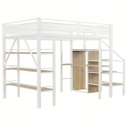 Hochbett 140*200cm, dreilagiges Ablageregal, Schreibtisch, Kleiderschrank, Sicherheitsstufen mit Ablagefach, hohes Zaundesign, Eisenbett, Einzelbett, Weiß