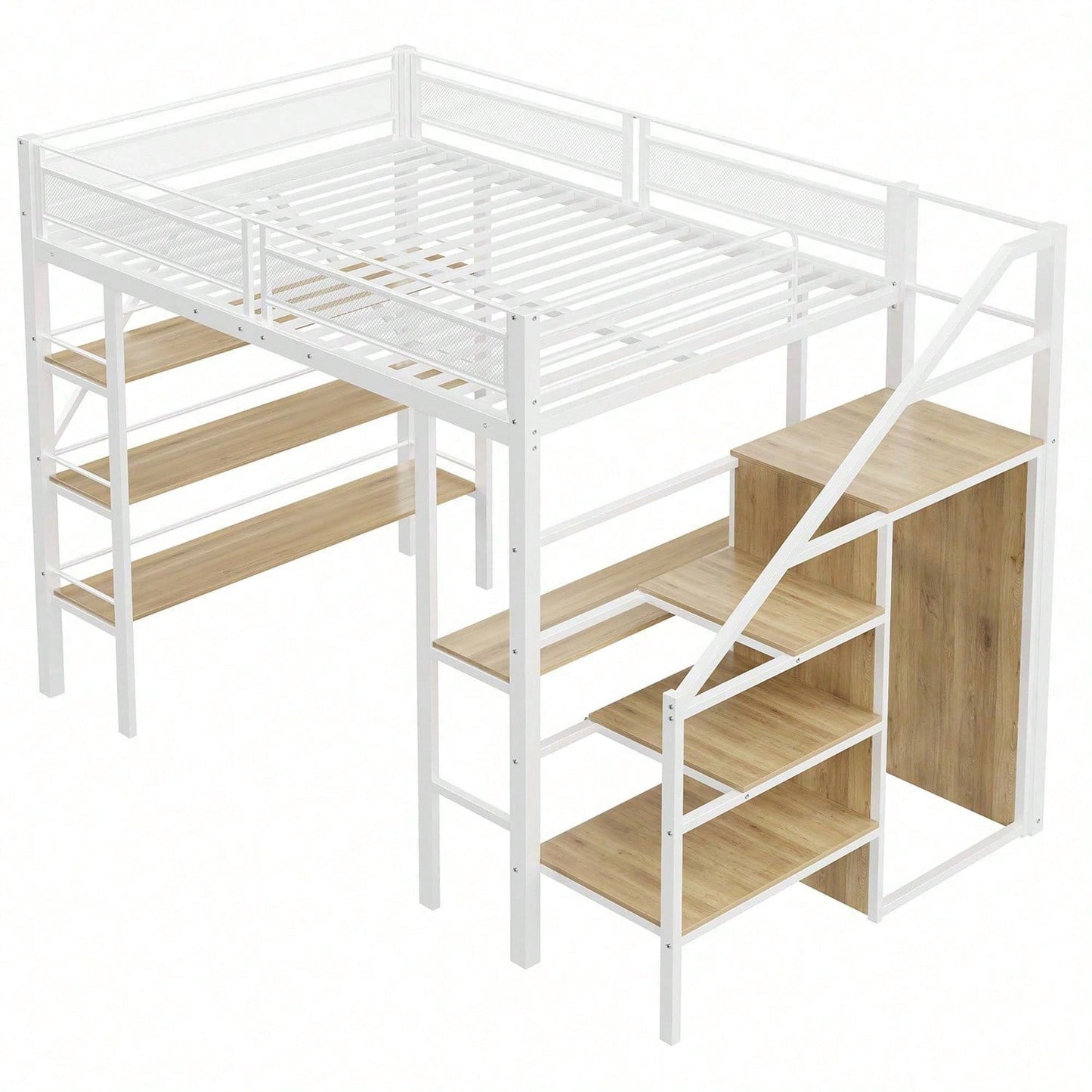 Hochbett 140*200cm, dreilagiges Ablageregal, Schreibtisch, Kleiderschrank, Sicherheitsstufen mit Ablagefach, hohes Zaundesign, Eisenbett, Einzelbett, Weiß