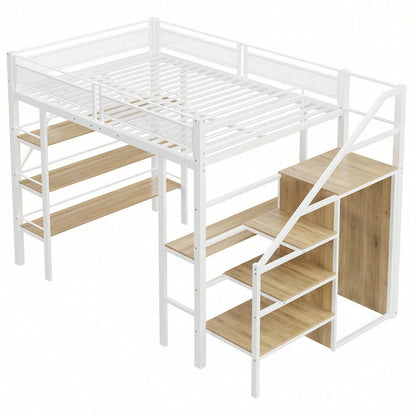 Hochbett 140*200cm, dreilagiges Ablageregal, Schreibtisch, Kleiderschrank, Sicherheitsstufen mit Ablagefach, hohes Zaundesign, Eisenbett, Einzelbett, Weiß