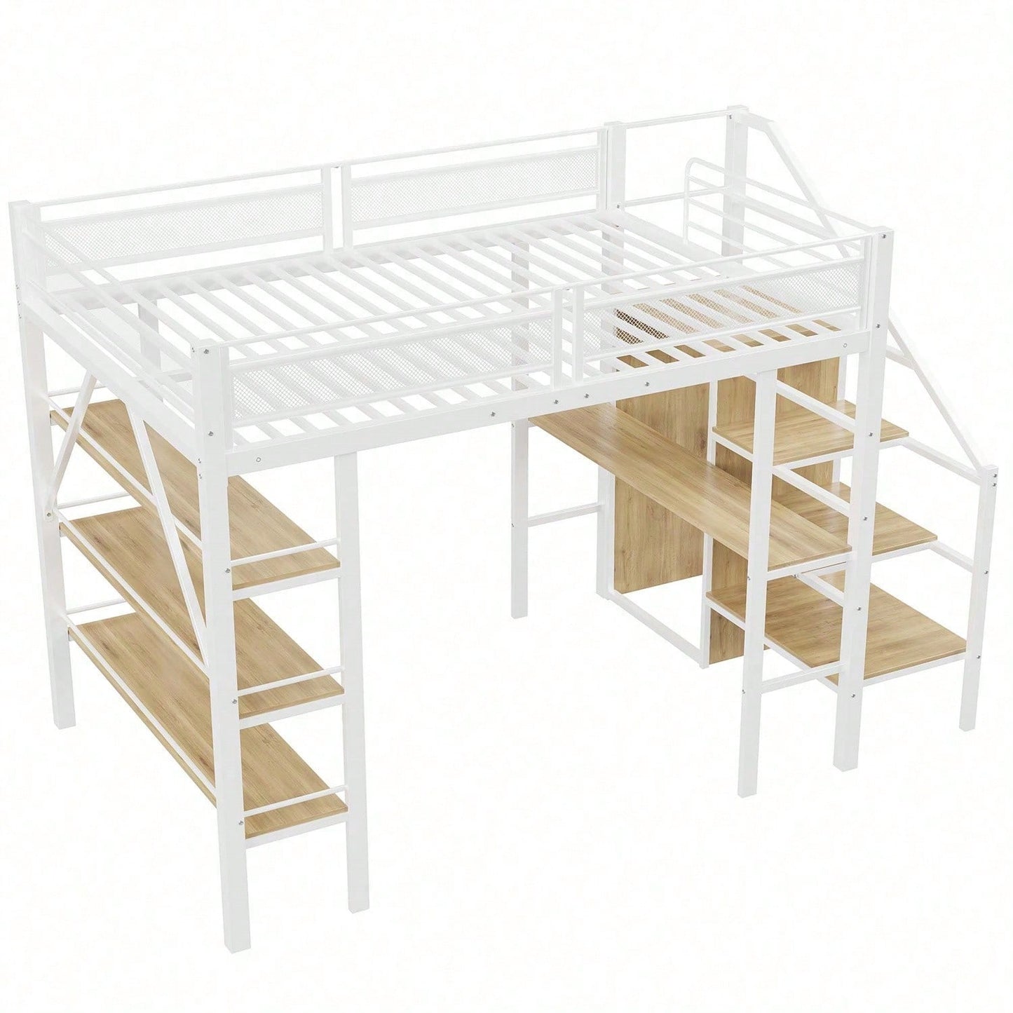 Hochbett 140*200cm, dreilagiges Ablageregal, Schreibtisch, Kleiderschrank, Sicherheitsstufen mit Ablagefach, hohes Zaundesign, Eisenbett, Einzelbett, Weiß