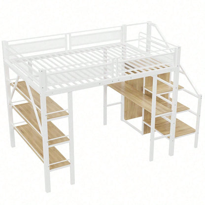 Hochbett 140*200cm, dreilagiges Ablageregal, Schreibtisch, Kleiderschrank, Sicherheitsstufen mit Ablagefach, hohes Zaundesign, Eisenbett, Einzelbett, Weiß