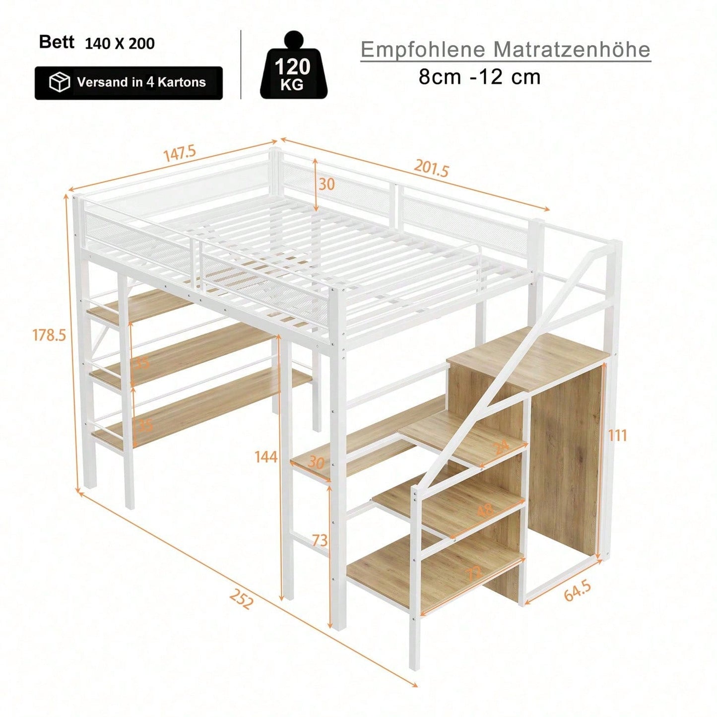 Hochbett 140*200cm, dreilagiges Ablageregal, Schreibtisch, Kleiderschrank, Sicherheitsstufen mit Ablagefach, hohes Zaundesign, Eisenbett, Einzelbett, Weiß