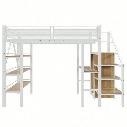 Hochbett 140*200cm, dreilagiges Ablageregal, Schreibtisch, Kleiderschrank, Sicherheitsstufen mit Ablagefach, hohes Zaundesign, Eisenbett, Einzelbett, Weiß