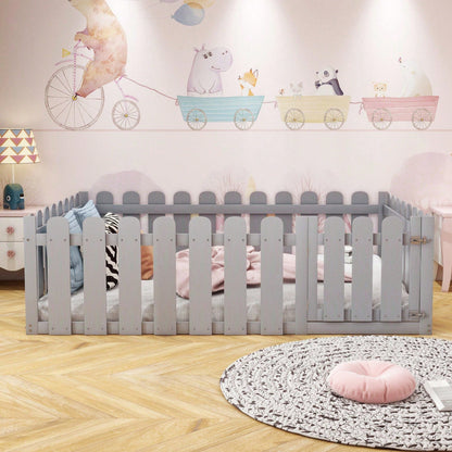 Kinderbett 140 x 200cm, Holzbettgestell mit Umrandung und Tür, Grau