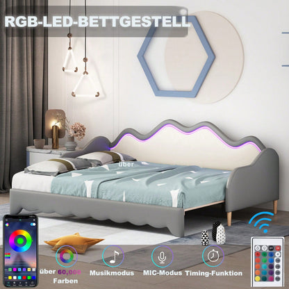 Polsterbett 90(180)*190cm, 2-in-1 Multifunktions-Schlafsofa, Kinderbett aus Kunstleder mit LED-Beleuchtung, mit Lattenrost, Grau