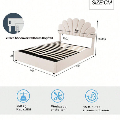 Polsterbett 140 x 200 cm, mit geblümtem Kopfteil und Lattenrost, mit höhenverstellbarem Kopfteil und hydraulischem Stauraum, Juniorbett doppelt, hautfreundlicher Samtstoff, Beige