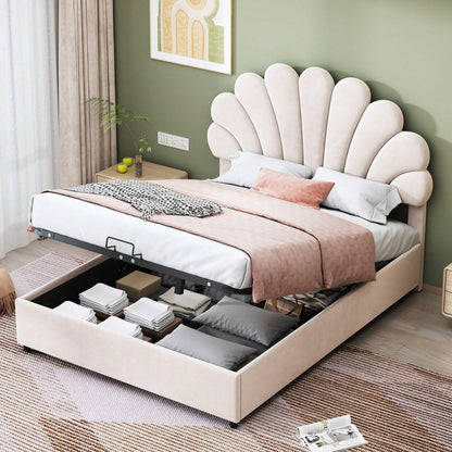 Polsterbett 140 x 200 cm, mit geblümtem Kopfteil und Lattenrost, mit höhenverstellbarem Kopfteil und hydraulischem Stauraum, Juniorbett doppelt, hautfreundlicher Samtstoff, Beige