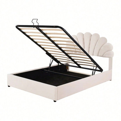 Polsterbett 140 x 200 cm, mit geblümtem Kopfteil und Lattenrost, mit höhenverstellbarem Kopfteil und hydraulischem Stauraum, Juniorbett doppelt, hautfreundlicher Samtstoff, Beige