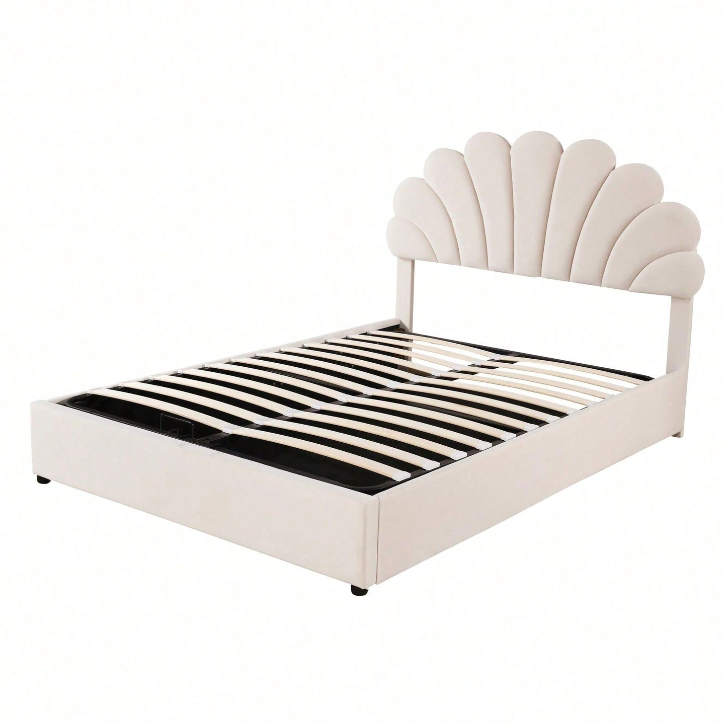 Polsterbett 140 x 200 cm, mit geblümtem Kopfteil und Lattenrost, mit höhenverstellbarem Kopfteil und hydraulischem Stauraum, Juniorbett doppelt, hautfreundlicher Samtstoff, Beige