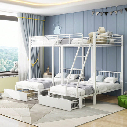 Dreifaches Etagenbett mit Schubladen, Metallbettrahmen, umwandelbar in 140 x 200 Doppelbett und zwei 90 x 200 Einzelbetten, multifunktionales Metallrahmenbett, weiß