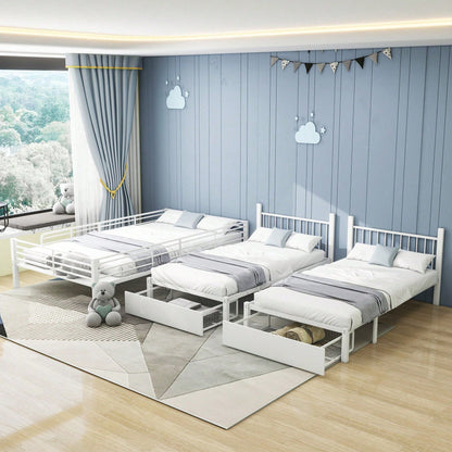 Dreifaches Etagenbett mit Schubladen, Metallbettrahmen, umwandelbar in 140 x 200 Doppelbett und zwei 90 x 200 Einzelbetten, multifunktionales Metallrahmenbett, weiß