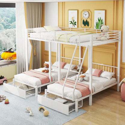 Dreifaches Etagenbett mit Schubladen, Metallbettrahmen, umwandelbar in 140 x 200 Doppelbett und zwei 90 x 200 Einzelbetten, multifunktionales Metallrahmenbett, weiß