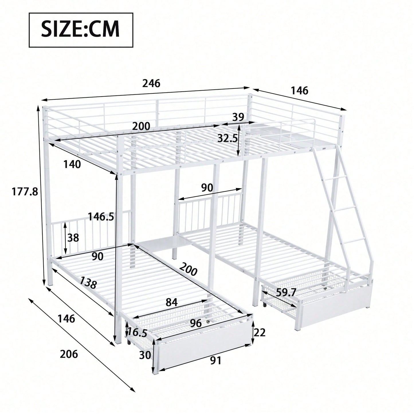 Dreifaches Etagenbett mit Schubladen, Metallbettrahmen, umwandelbar in 140 x 200 Doppelbett und zwei 90 x 200 Einzelbetten, multifunktionales Metallrahmenbett, weiß