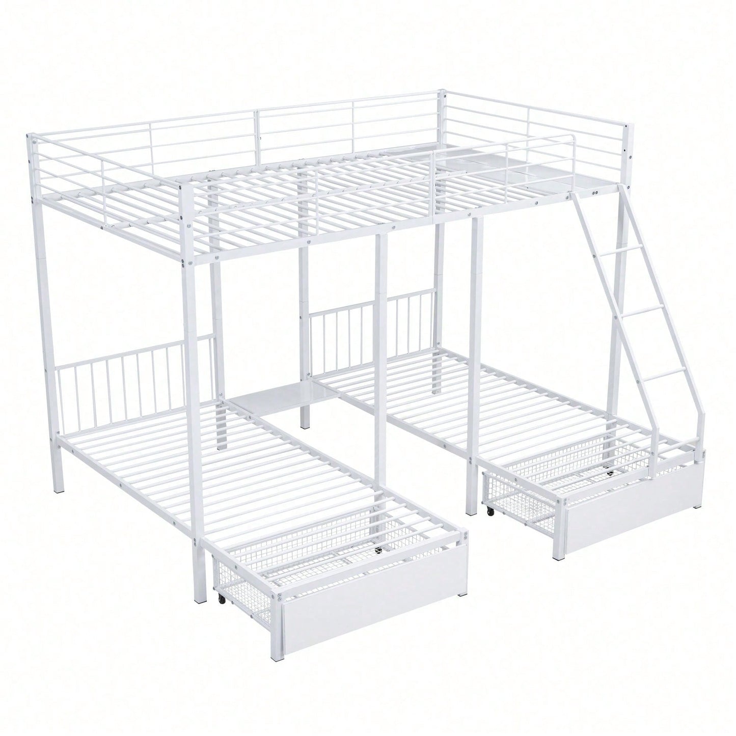 Dreifaches Etagenbett mit Schubladen, Metallbettrahmen, umwandelbar in 140 x 200 Doppelbett und zwei 90 x 200 Einzelbetten, multifunktionales Metallrahmenbett, weiß