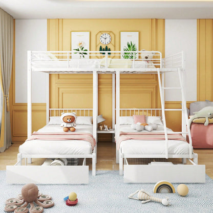 Dreifaches Etagenbett mit Schubladen, Metallbettrahmen, umwandelbar in 140 x 200 Doppelbett und zwei 90 x 200 Einzelbetten, multifunktionales Metallrahmenbett, weiß