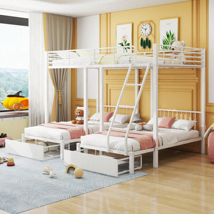Dreifaches Etagenbett mit Schubladen, Metallbettrahmen, umwandelbar in 140 x 200 Doppelbett und zwei 90 x 200 Einzelbetten, multifunktionales Metallrahmenbett, weiß