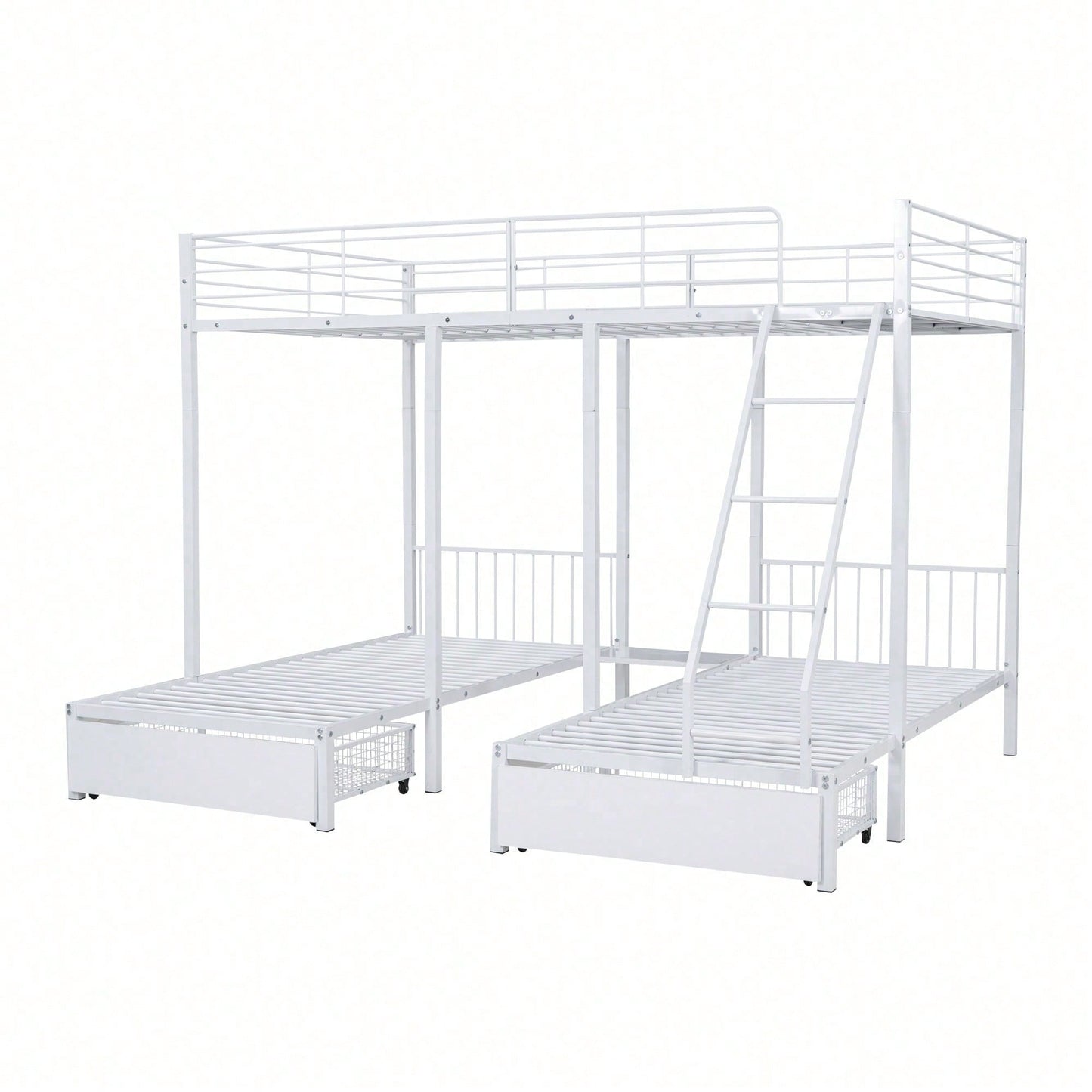 Dreifaches Etagenbett mit Schubladen, Metallbettrahmen, umwandelbar in 140 x 200 Doppelbett und zwei 90 x 200 Einzelbetten, multifunktionales Metallrahmenbett, weiß