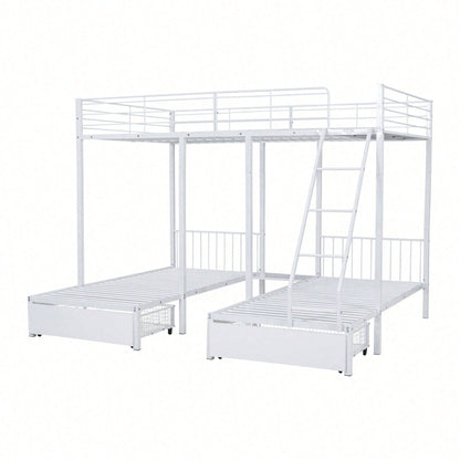 Dreifaches Etagenbett mit Schubladen, Metallbettrahmen, umwandelbar in 140 x 200 Doppelbett und zwei 90 x 200 Einzelbetten, multifunktionales Metallrahmenbett, weiß