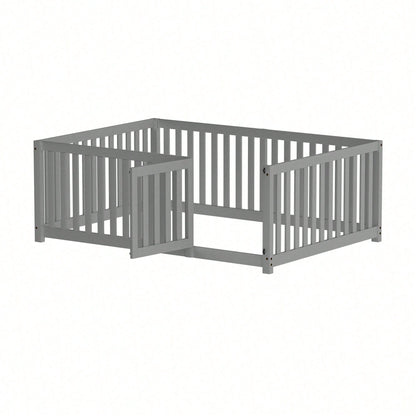 Kinderbett 140 x 200, Holzboden Bettrahmen mit Zaun und Tür, Grau