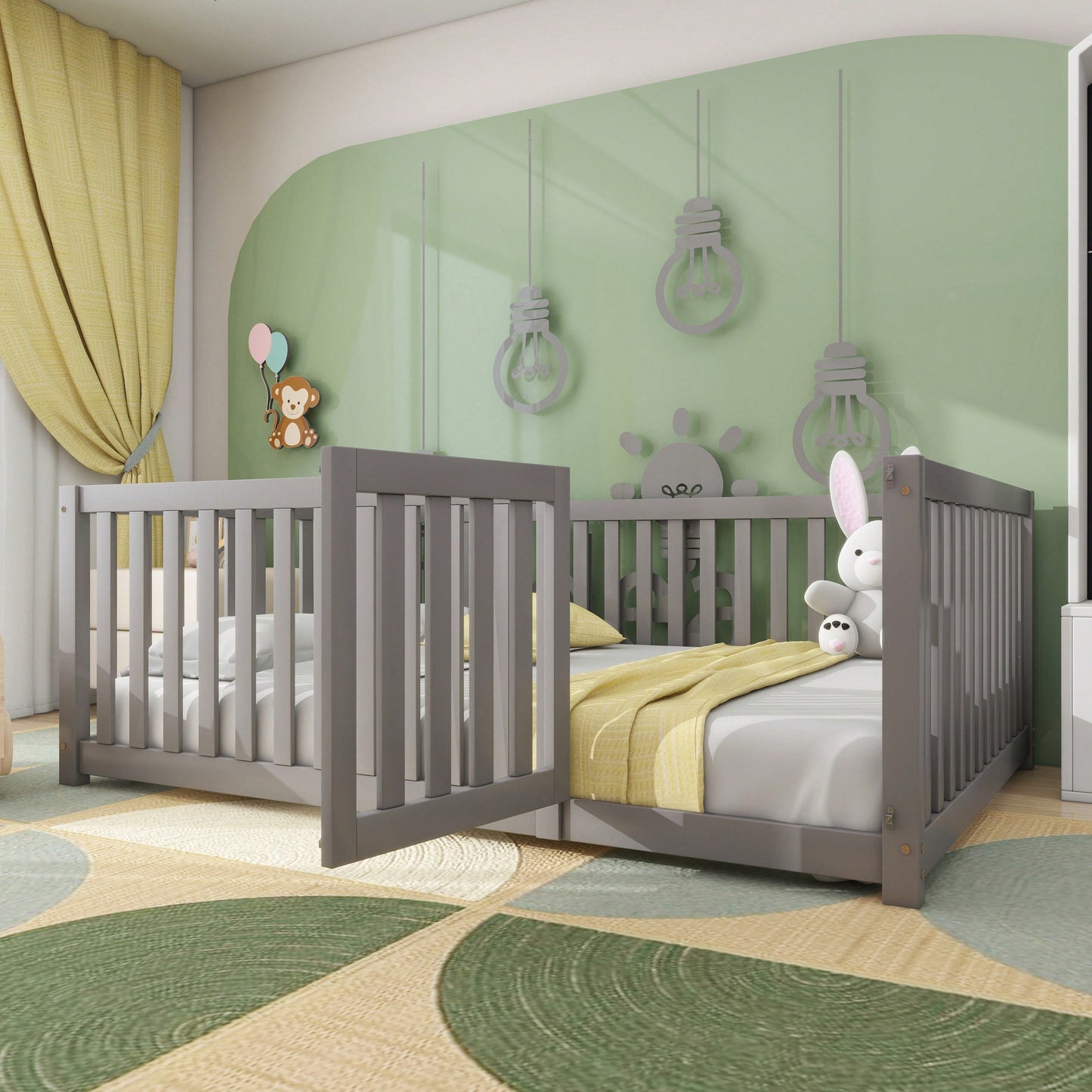 Kinderbett 140 x 200, Holzboden Bettrahmen mit Zaun und Tür, Grau