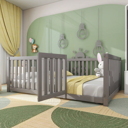 Kinderbett 140 x 200, Holzboden Bettrahmen mit Zaun und Tür, Grau