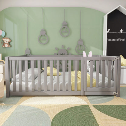 Kinderbett 140 x 200, Holzboden Bettrahmen mit Zaun und Tür, Grau