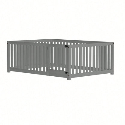Kinderbett 140 x 200, Holzboden Bettrahmen mit Zaun und Tür, Grau