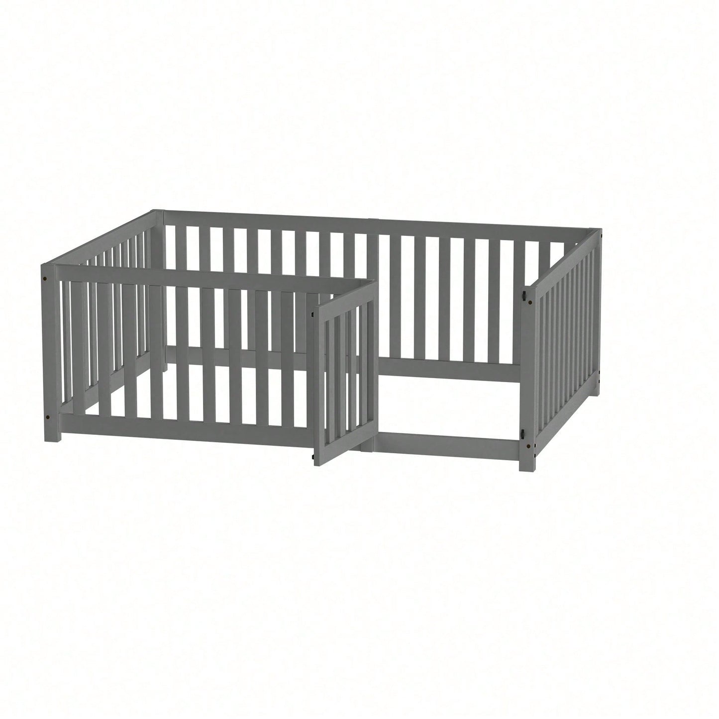 Kinderbett 140 x 200, Holzboden Bettrahmen mit Zaun und Tür, Grau