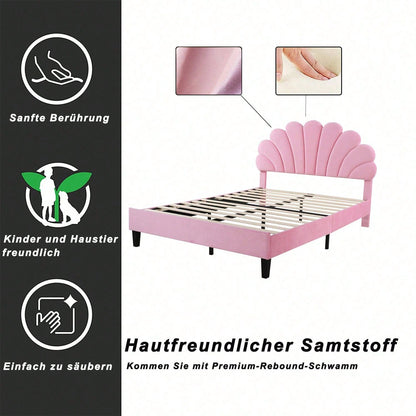 Polsterbett Doppelbett 140 x 200 cm, Bettrahmen mit blumenförmigem Kopfteil und Lattenrost, Erwachsenen-Jugendbett in hautfreundlichem Samtstoff, Gästebett Rosa