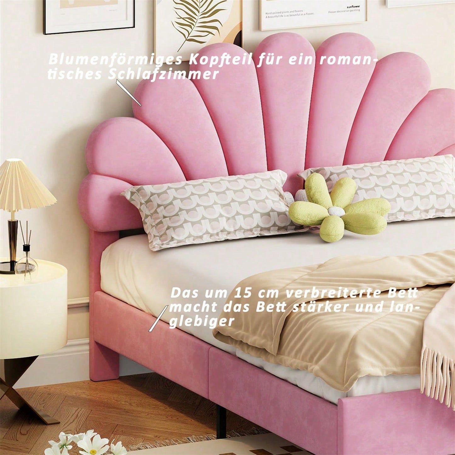 Polsterbett Doppelbett 140 x 200 cm, Bettrahmen mit blumenförmigem Kopfteil und Lattenrost, Erwachsenen-Jugendbett in hautfreundlichem Samtstoff, Gästebett Rosa