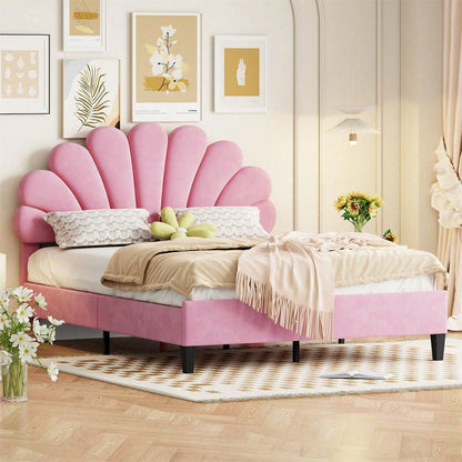 Polsterbett Doppelbett 140 x 200 cm, Bettrahmen mit blumenförmigem Kopfteil und Lattenrost, Erwachsenen-Jugendbett in hautfreundlichem Samtstoff, Gästebett Rosa