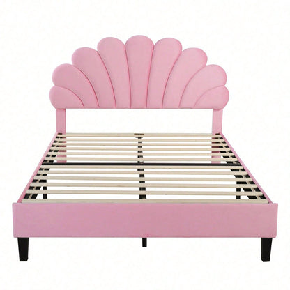 Polsterbett Doppelbett 140 x 200 cm, Bettrahmen mit blumenförmigem Kopfteil und Lattenrost, Erwachsenen-Jugendbett in hautfreundlichem Samtstoff, Gästebett Rosa