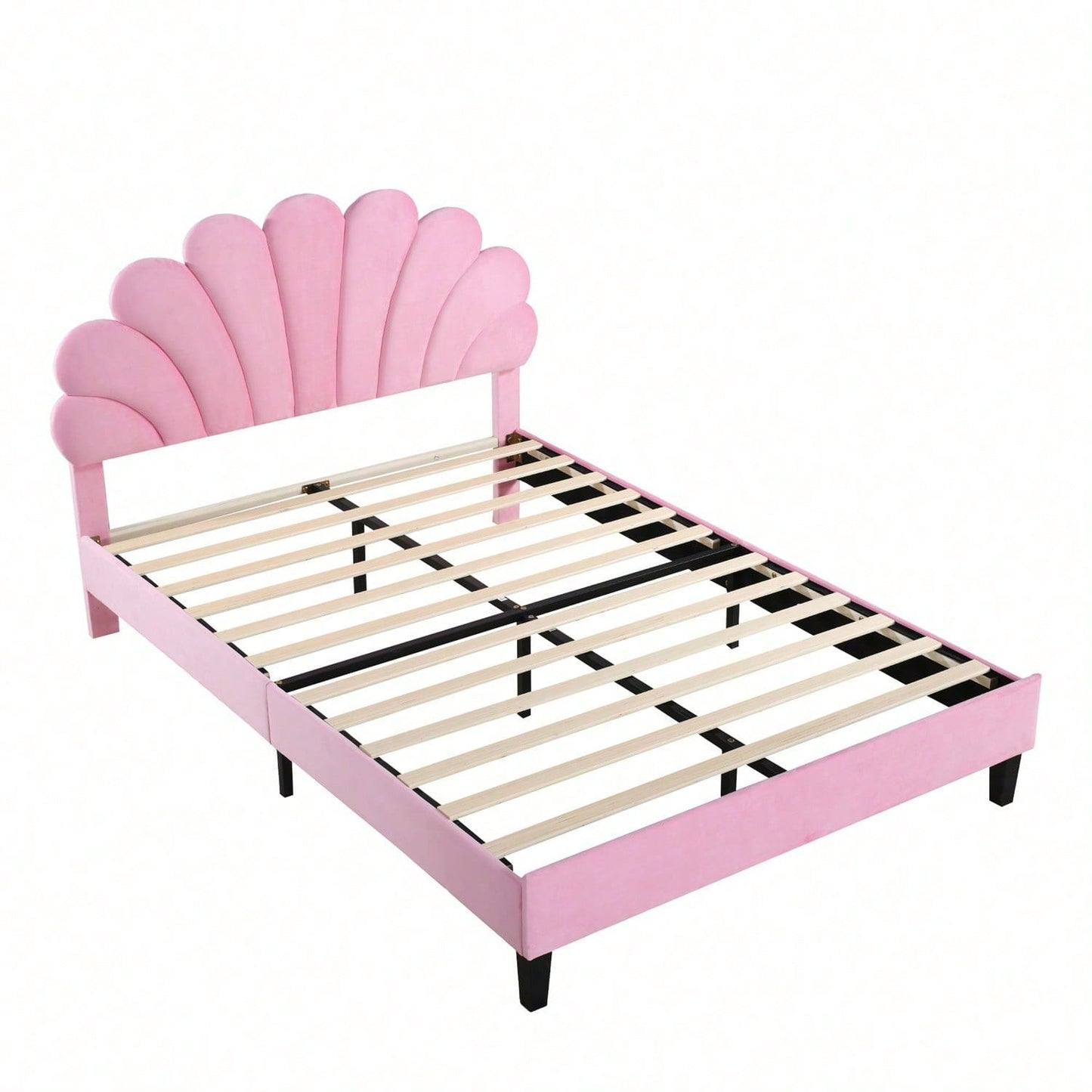 Polsterbett Doppelbett 140 x 200 cm, Bettrahmen mit blumenförmigem Kopfteil und Lattenrost, Erwachsenen-Jugendbett in hautfreundlichem Samtstoff, Gästebett Rosa