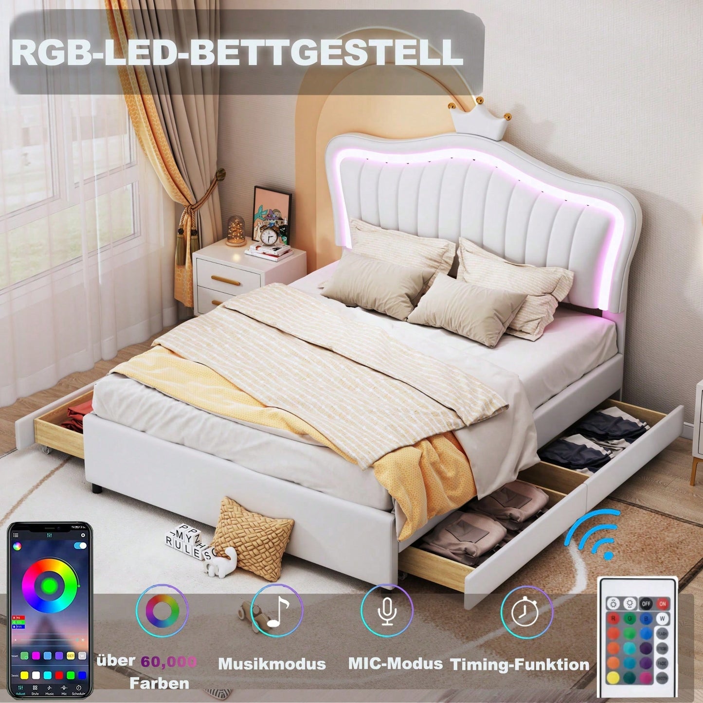 Kinderbett Polsterbett 140 x 200 cm, weißes Kronen-Mädchen-Einzelbettgestell aus PU-Leder mit Stauraumschubladen, LED-Leuchten, Lattenrost und Rückenlehne