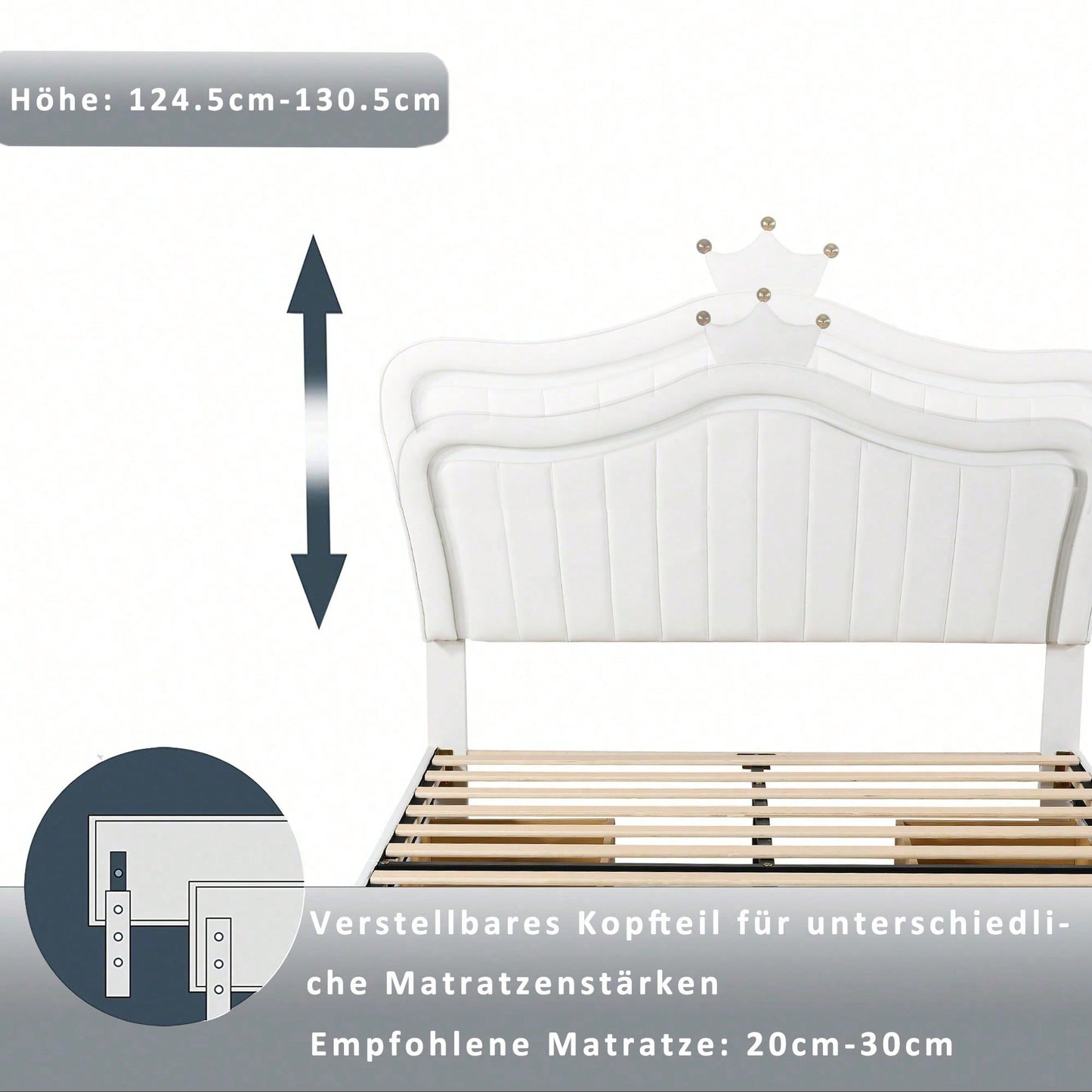Kinderbett Polsterbett 140 x 200 cm, weißes Kronen-Mädchen-Einzelbettgestell aus PU-Leder mit Stauraumschubladen, LED-Leuchten, Lattenrost und Rückenlehne