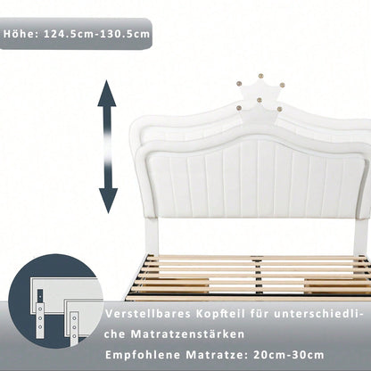 Kinderbett Polsterbett 140 x 200 cm, weißes Kronen-Mädchen-Einzelbettgestell aus PU-Leder mit Stauraumschubladen, LED-Leuchten, Lattenrost und Rückenlehne