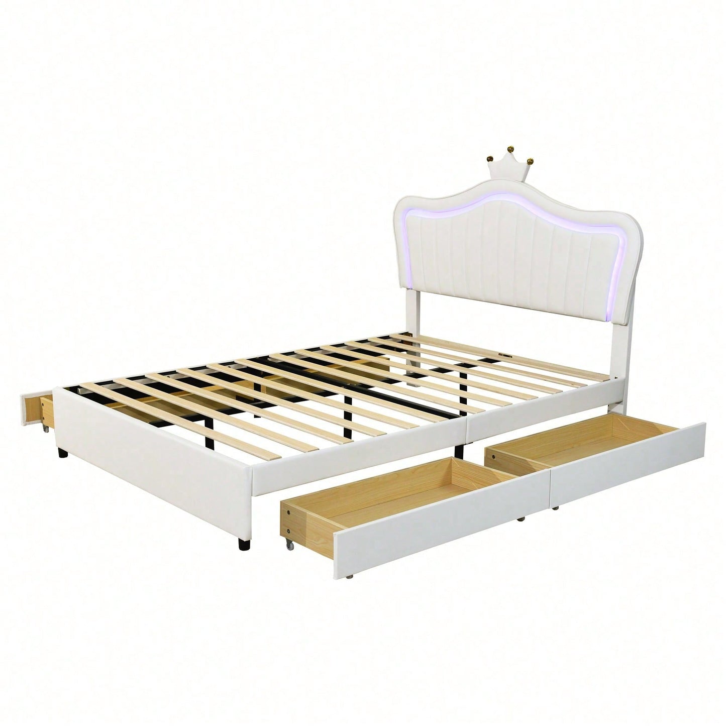 Kinderbett Polsterbett 140 x 200 cm, weißes Kronen-Mädchen-Einzelbettgestell aus PU-Leder mit Stauraumschubladen, LED-Leuchten, Lattenrost und Rückenlehne